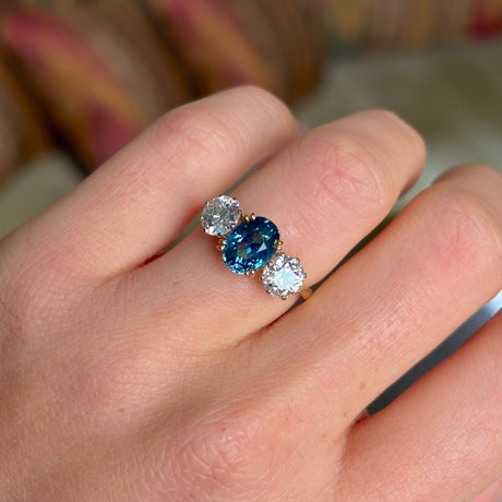 Vintage, 1980s teal sapphire & diamond three-stone ring
