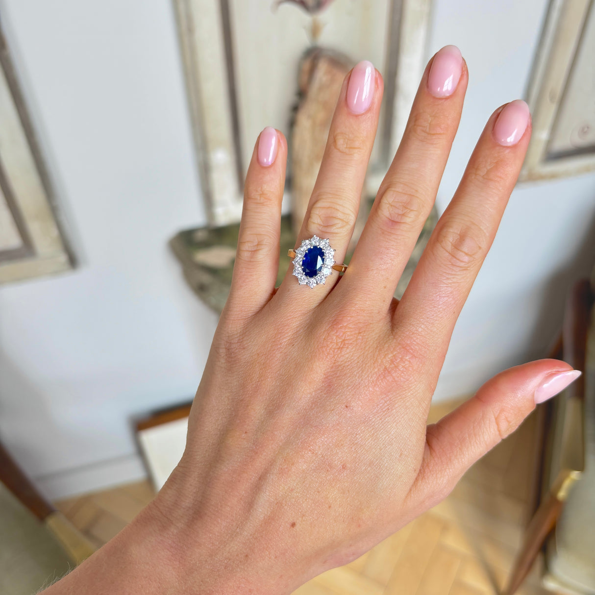 Vintage, 1980s Royal Blue sapphire & diamond cluster ring