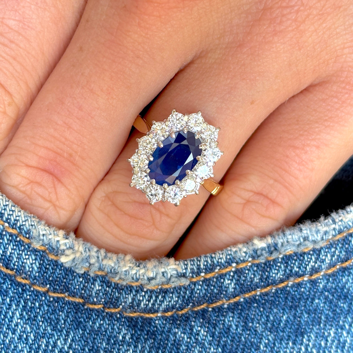 Vintage, 1980s Royal Blue sapphire & diamond cluster ring