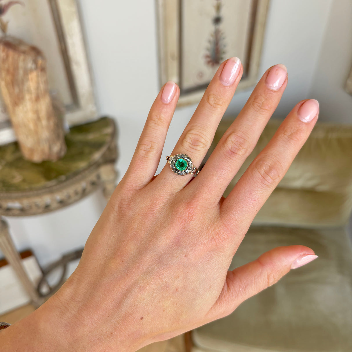 Antique, Georgian emerald & diamond cluster ring