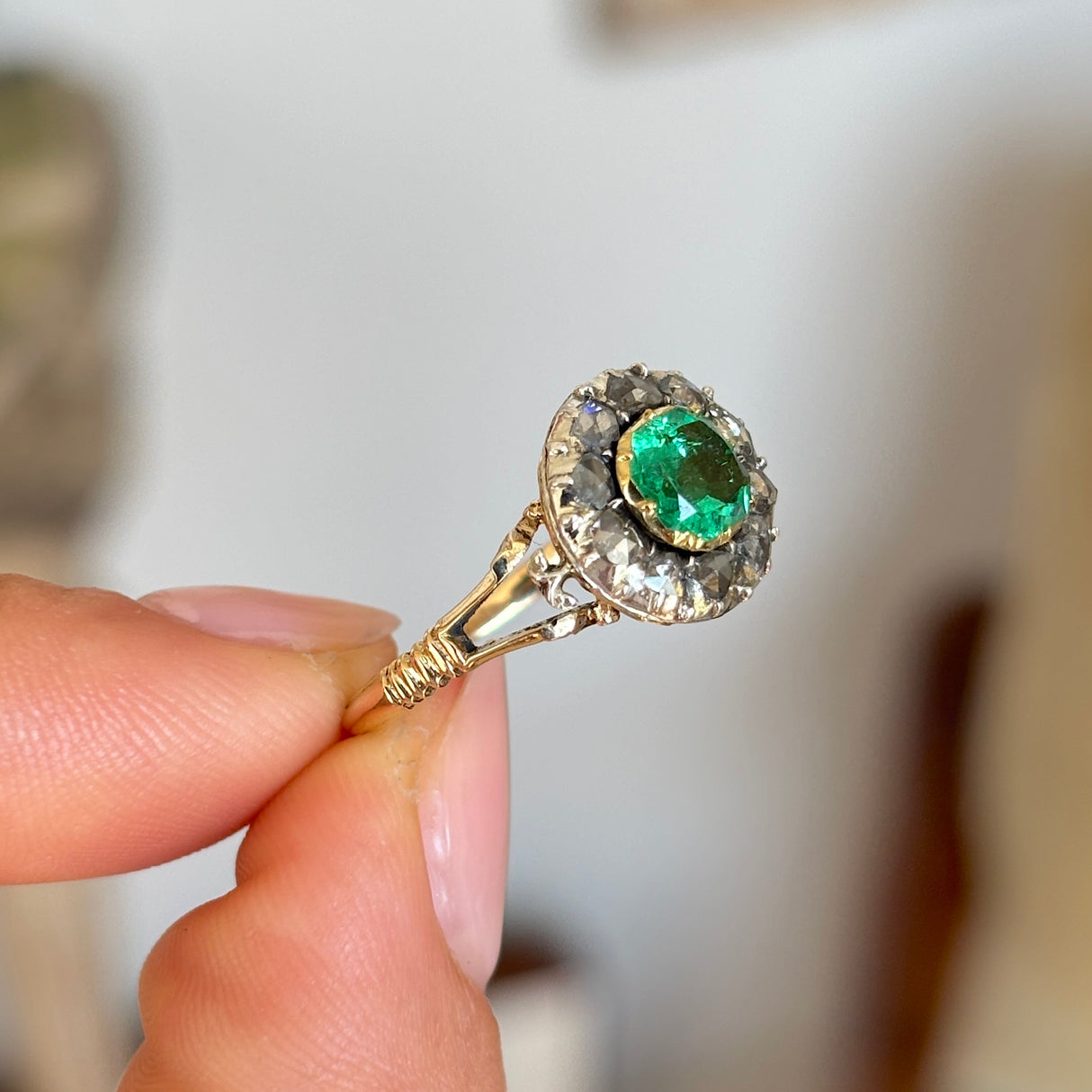 Antique, Georgian emerald & diamond cluster ring