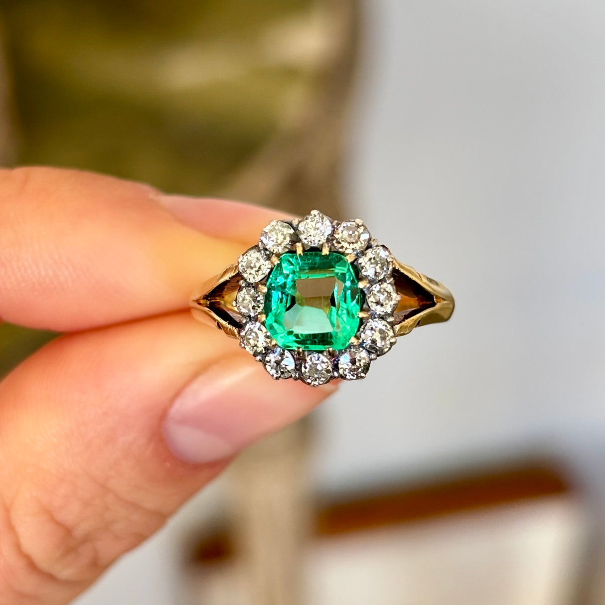 2570-Antique, Victorian emerald & diamond cluster ring-1