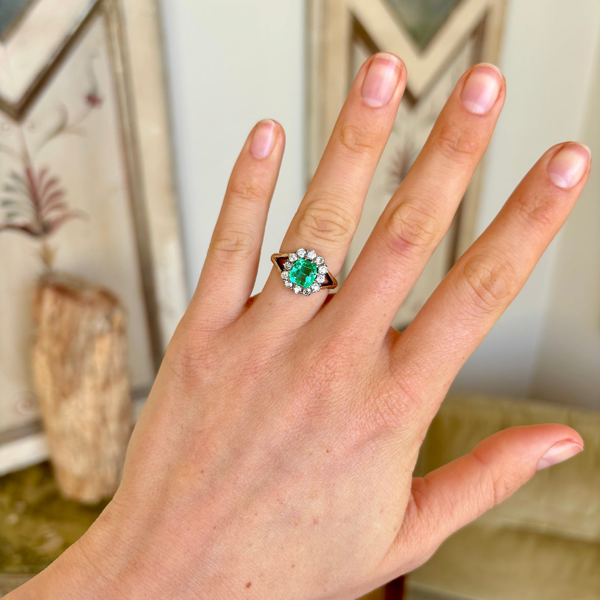 2570-Antique, Victorian emerald & diamond cluster ring-1