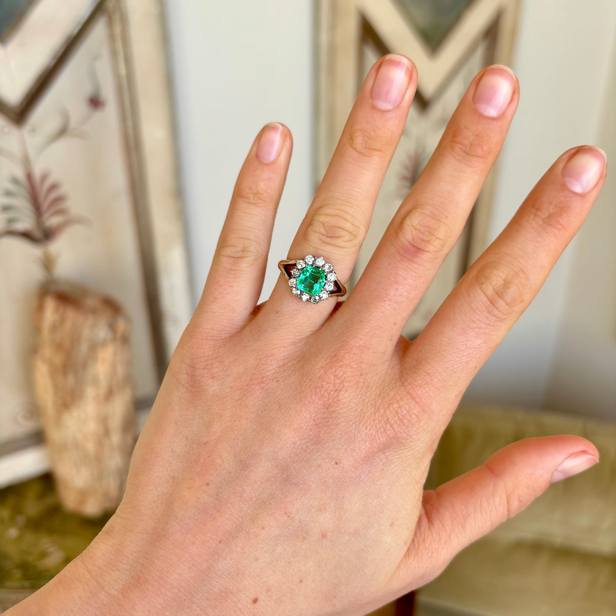 2570-Antique, Victorian emerald & diamond cluster ring-1