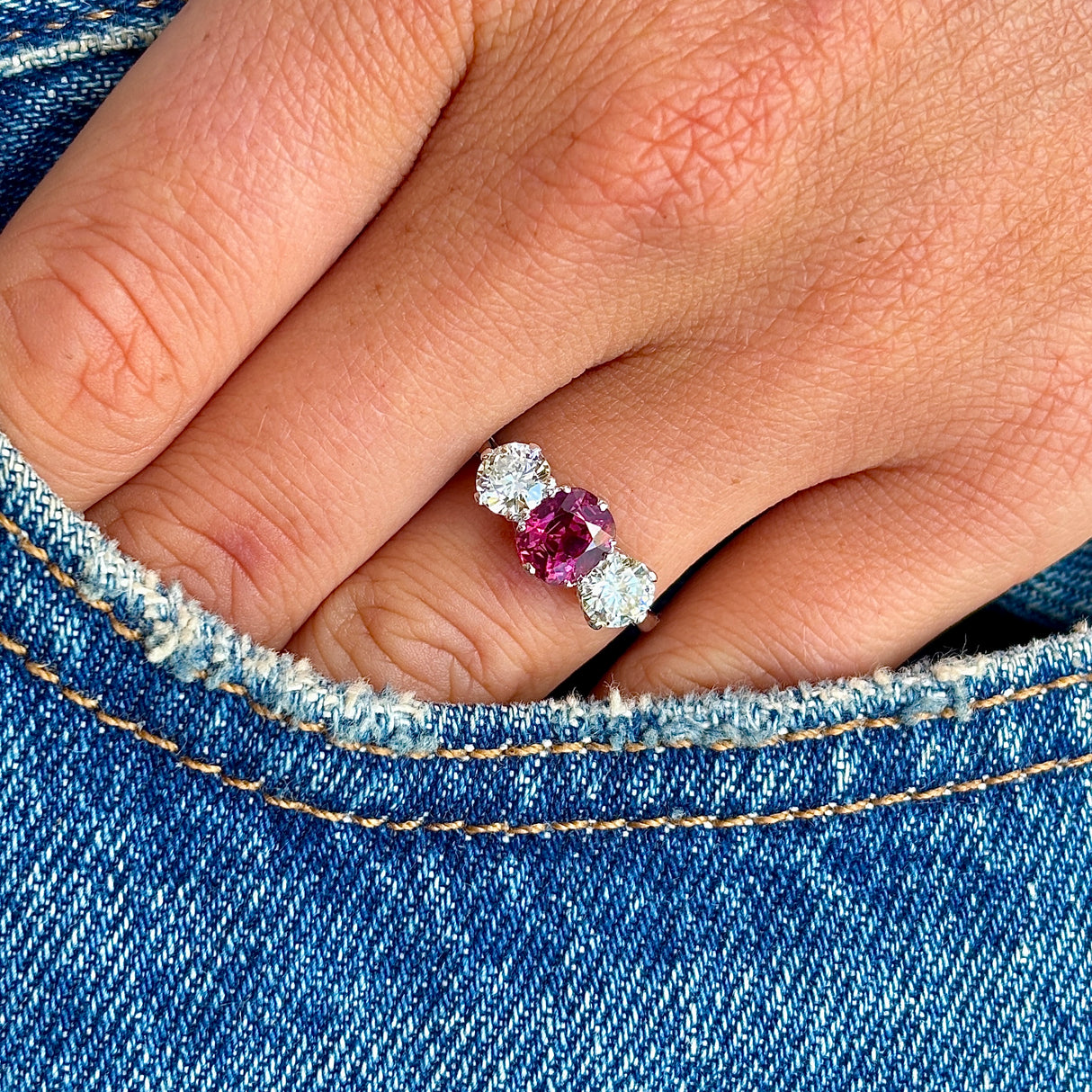 Vintage, 1930s ruby & diamond three-stone ring