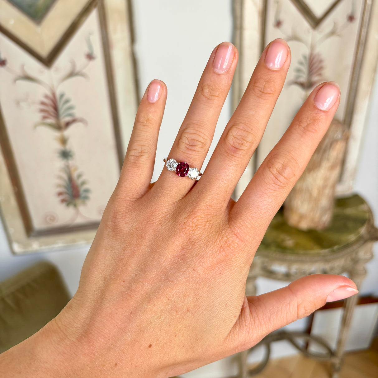 Vintage, 1930s ruby & diamond three-stone ring