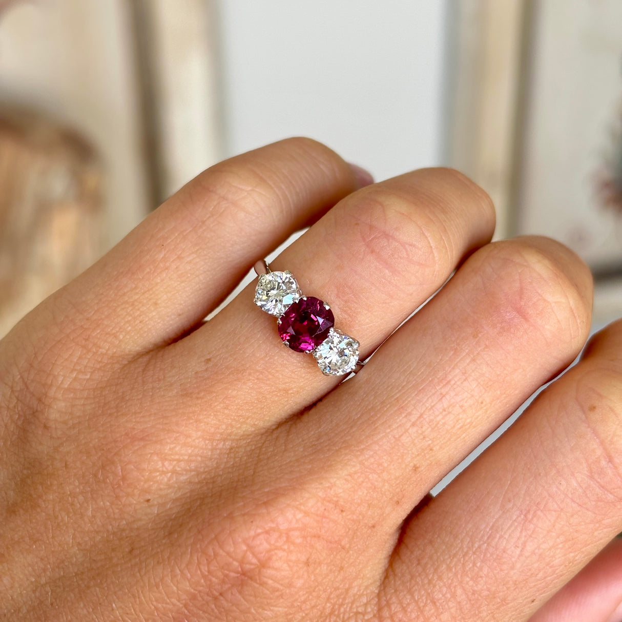 Vintage, 1930s ruby & diamond three-stone ring