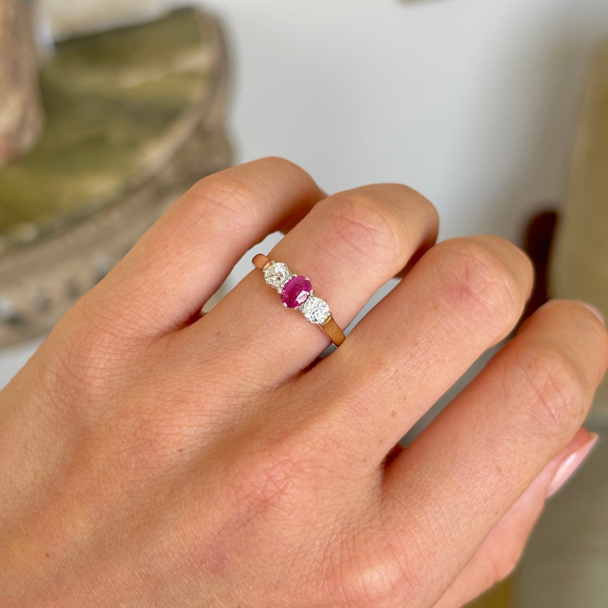 Antique, Victorian ruby & diamond three-stone ring