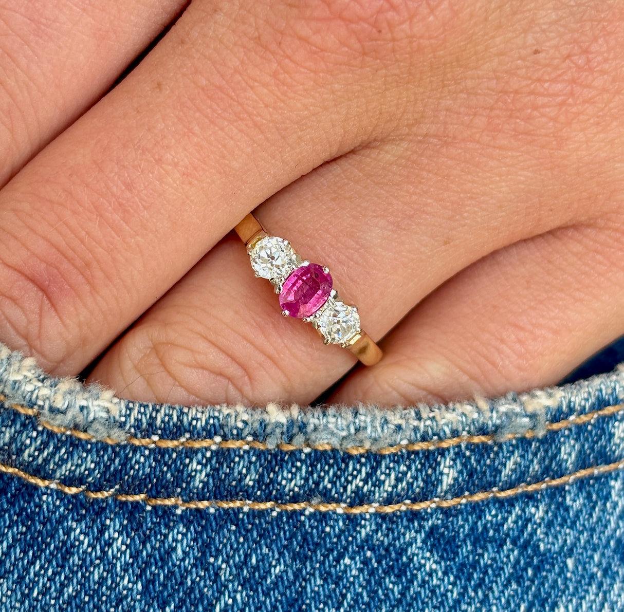 Antique, Victorian ruby & diamond three-stone ring