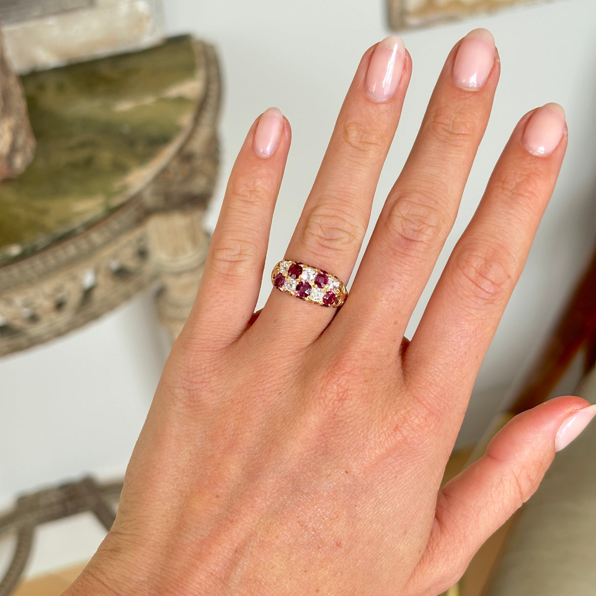 Antique, Victorian ruby & diamond checkerboard ring
