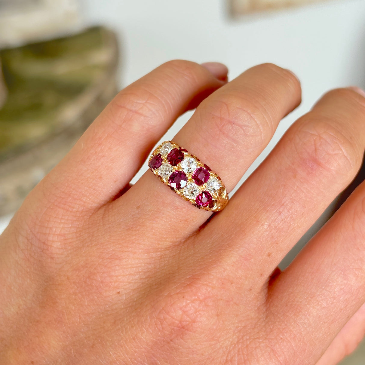 Antique, Victorian ruby & diamond checkerboard ring