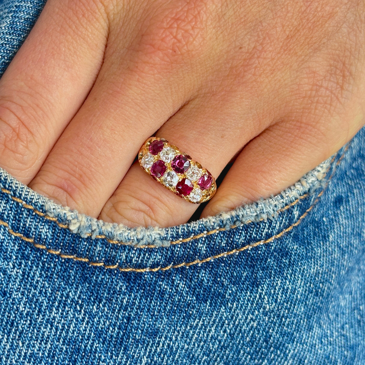 Antique, Victorian ruby & diamond checkerboard ring
