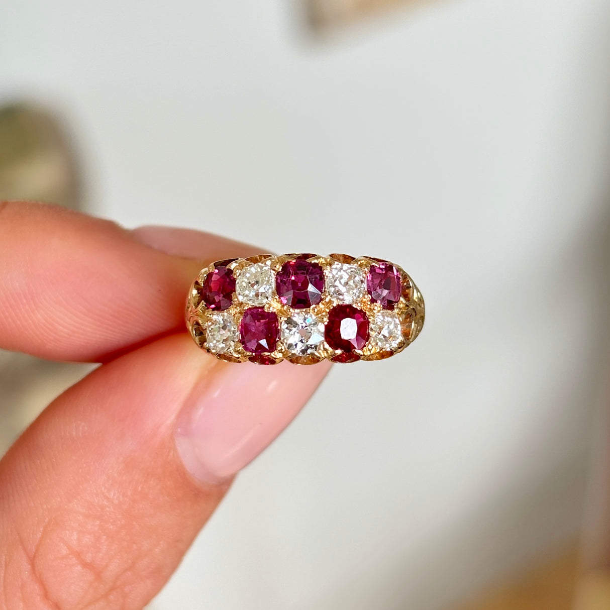 Antique, Victorian ruby & diamond checkerboard ring