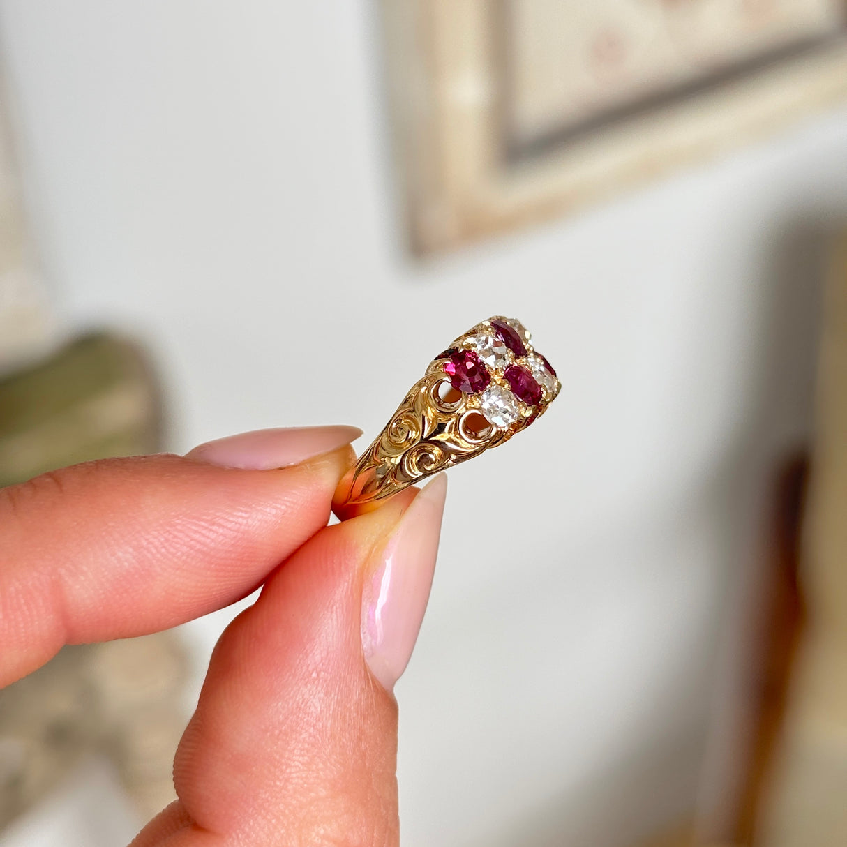 Antique, Victorian ruby & diamond checkerboard ring