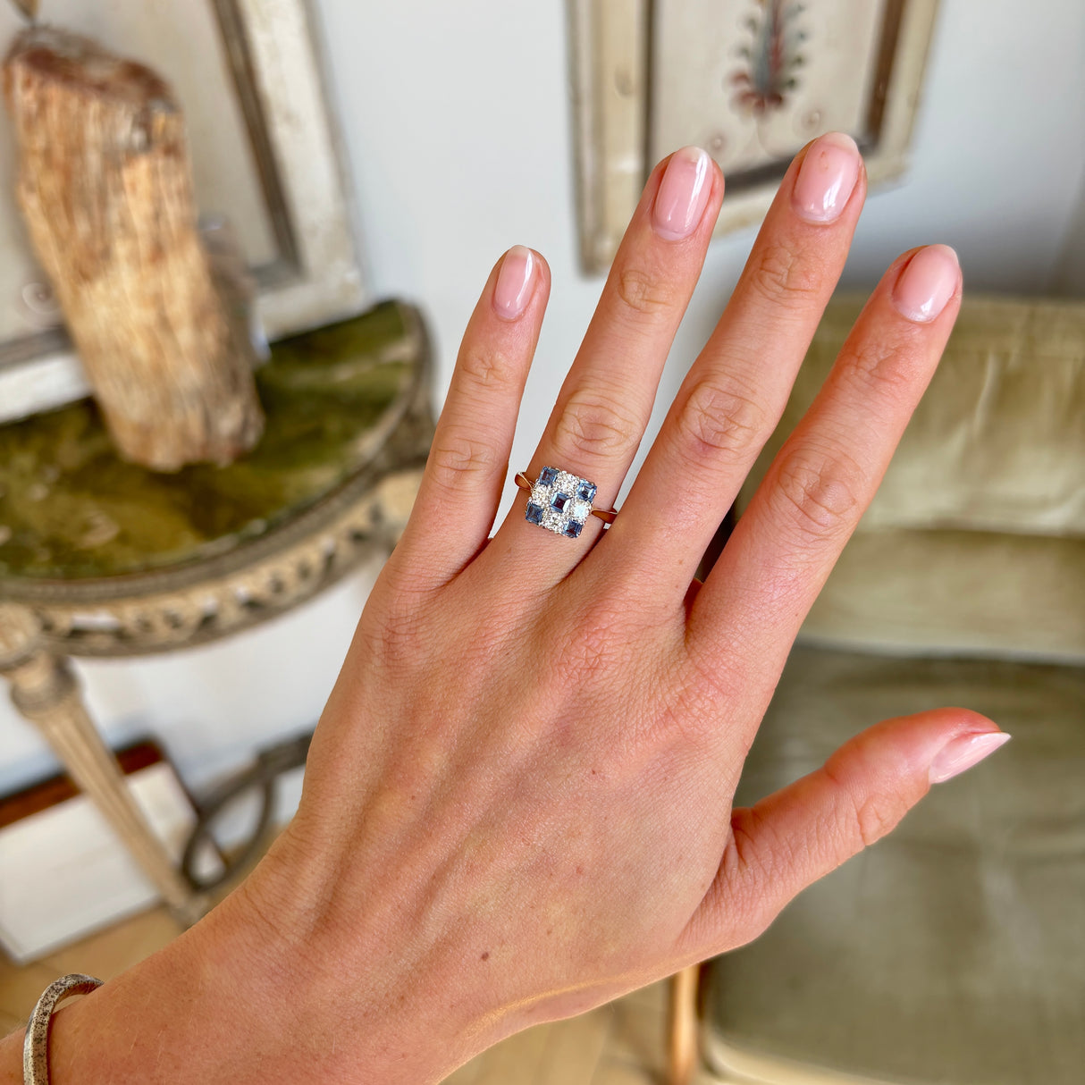 Vintage, 1920s sapphire & diamond checkerboard ring