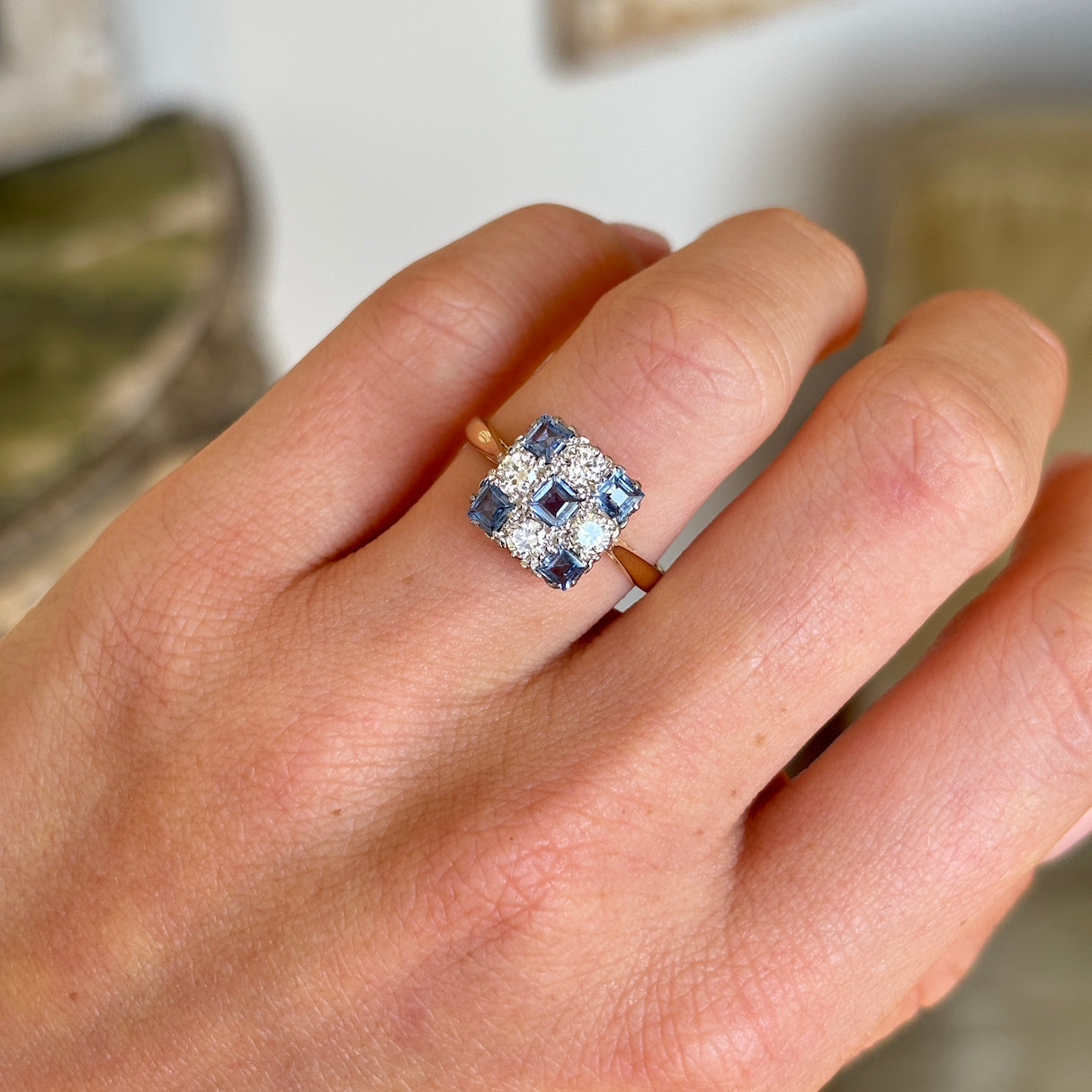 Vintage, 1920s sapphire & diamond checkerboard ring