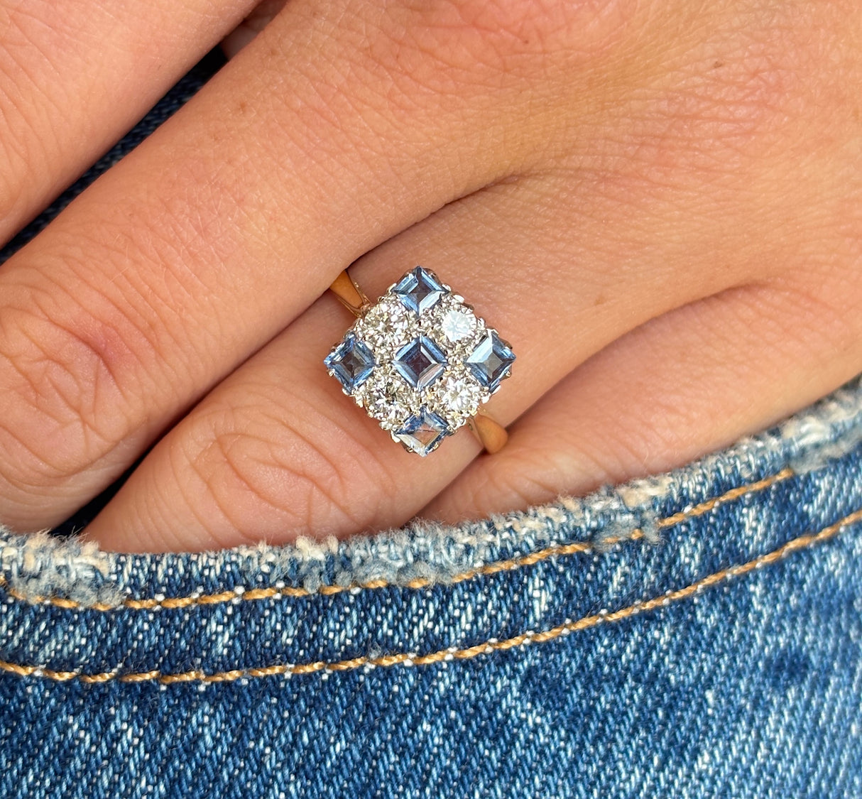 Vintage, 1920s sapphire & diamond checkerboard ring