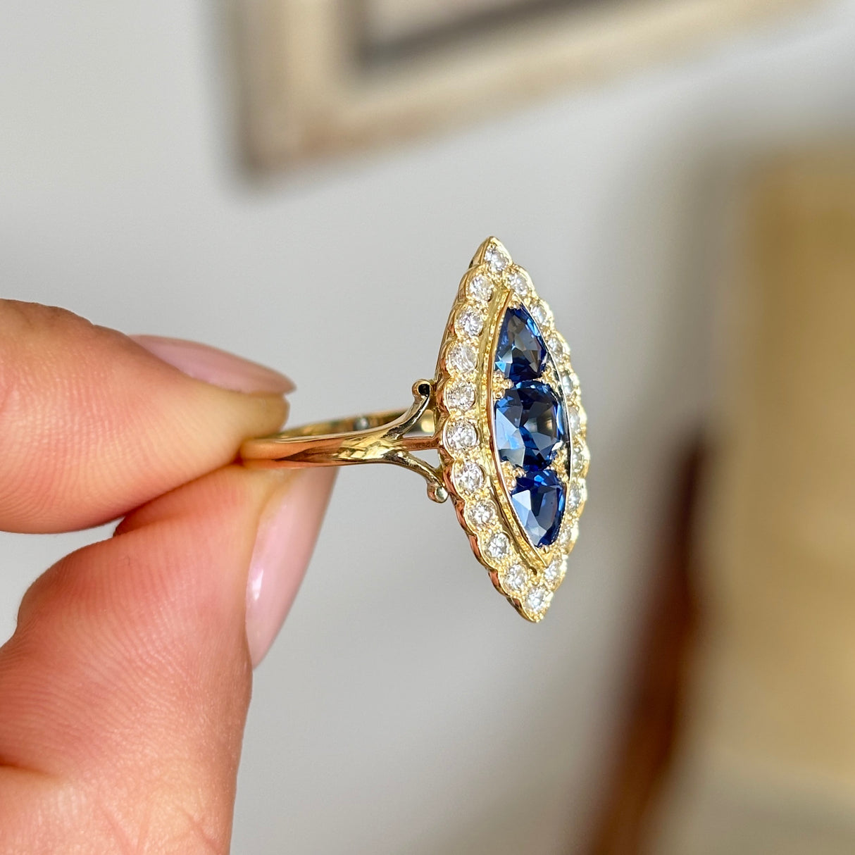 Vintage, 1960s sapphire & diamond navette ring