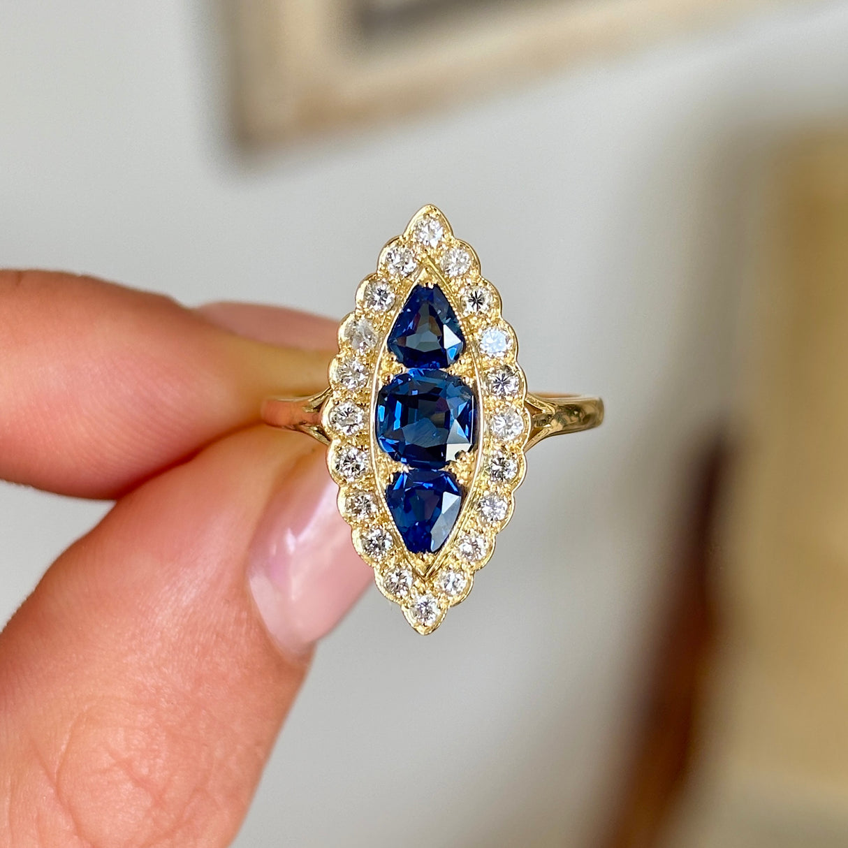 Vintage, 1960s sapphire & diamond navette ring