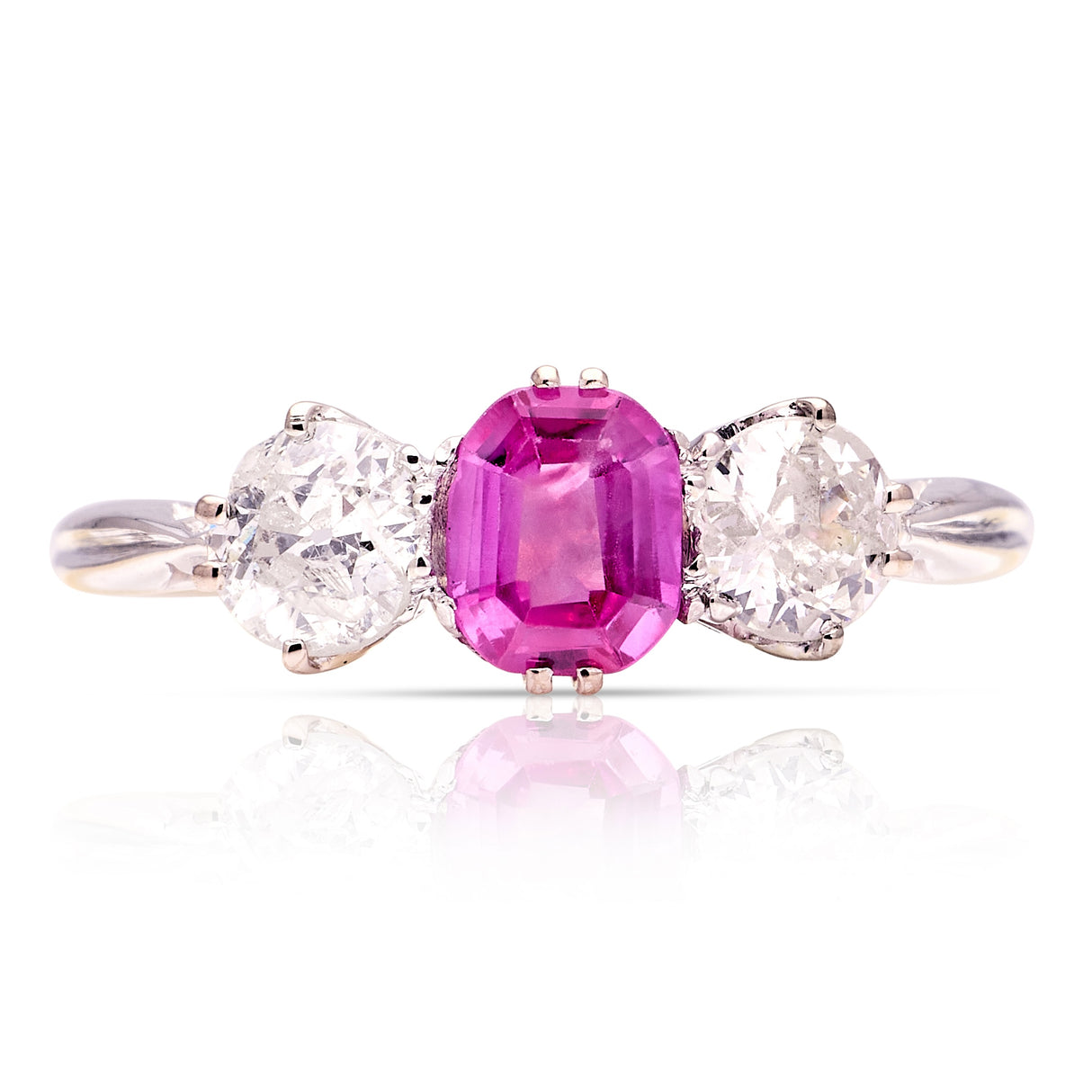 Antique, Edwardian pink sapphire & diamond three-stone ring