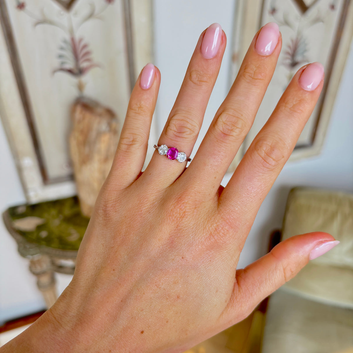 Antique, Edwardian pink sapphire & diamond three-stone ring