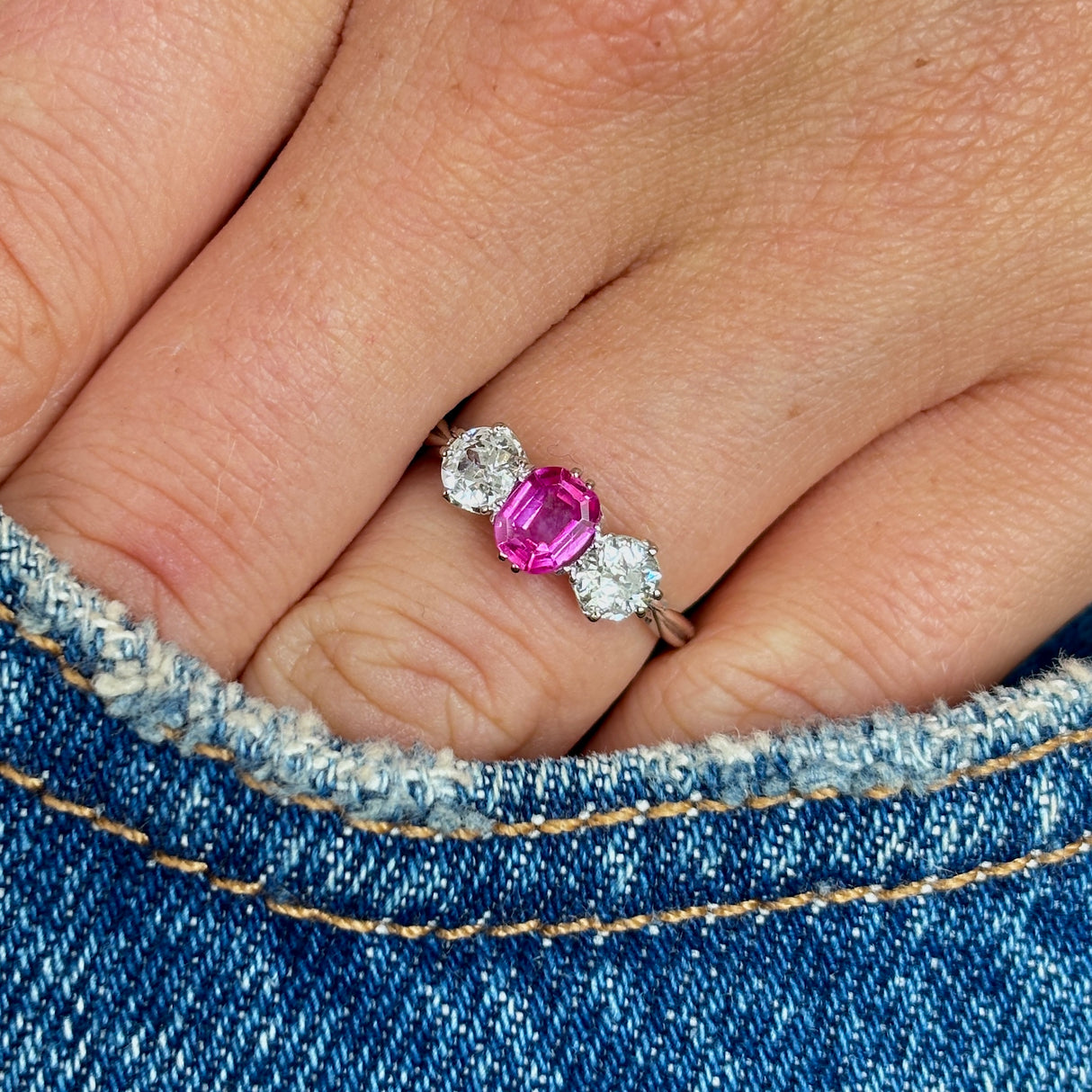 Antique, Edwardian pink sapphire & diamond three-stone ring