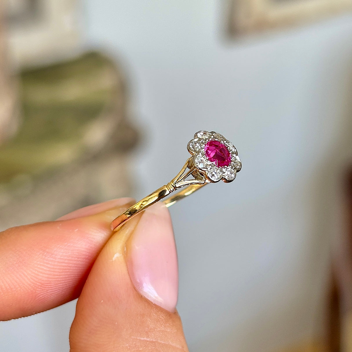 Antique, Edwardian pink sapphire & diamond cluster ring