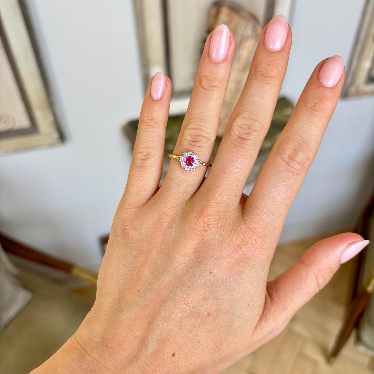 Antique, Edwardian pink sapphire & diamond cluster ring