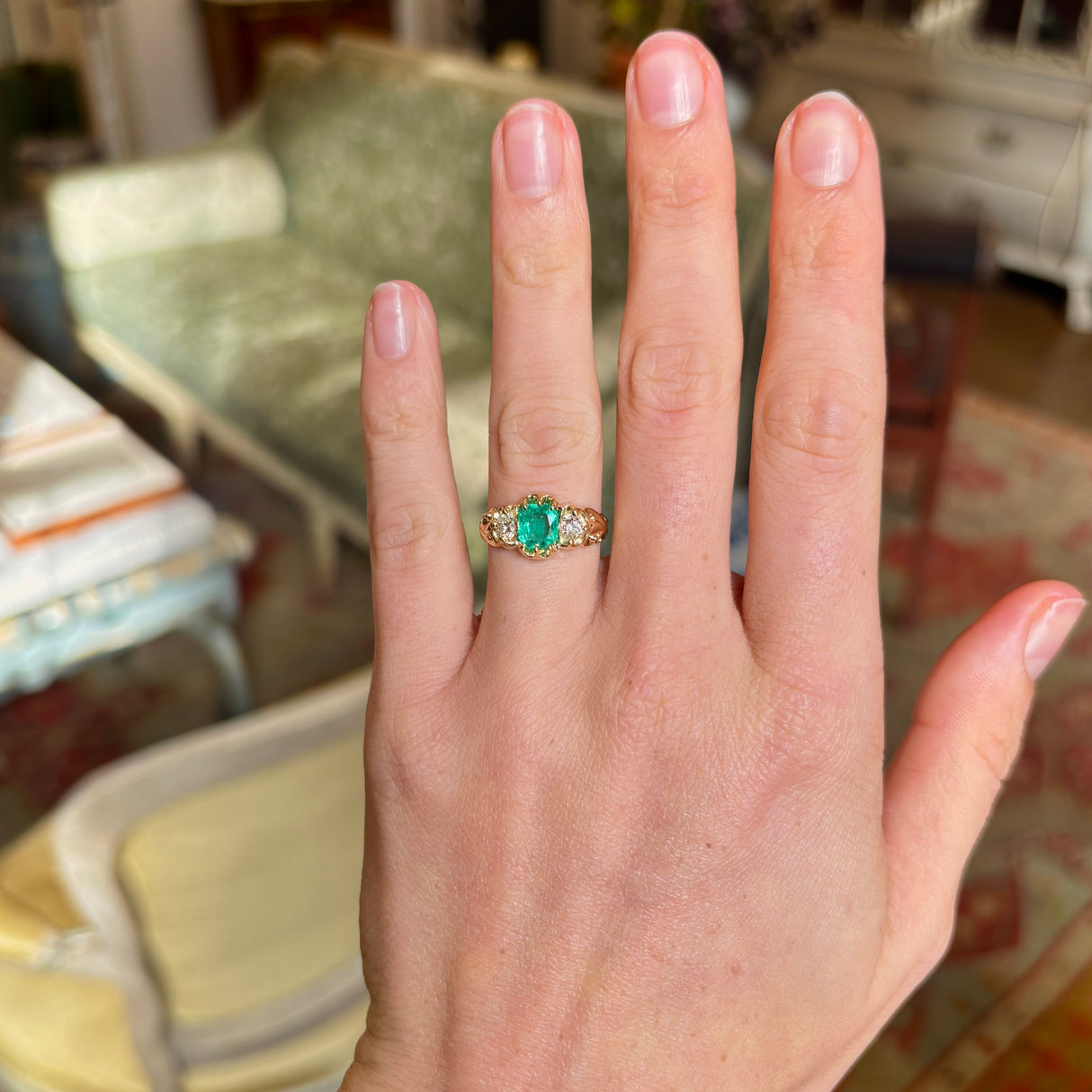 Antique, Victorian emerald & diamond three-stone ring