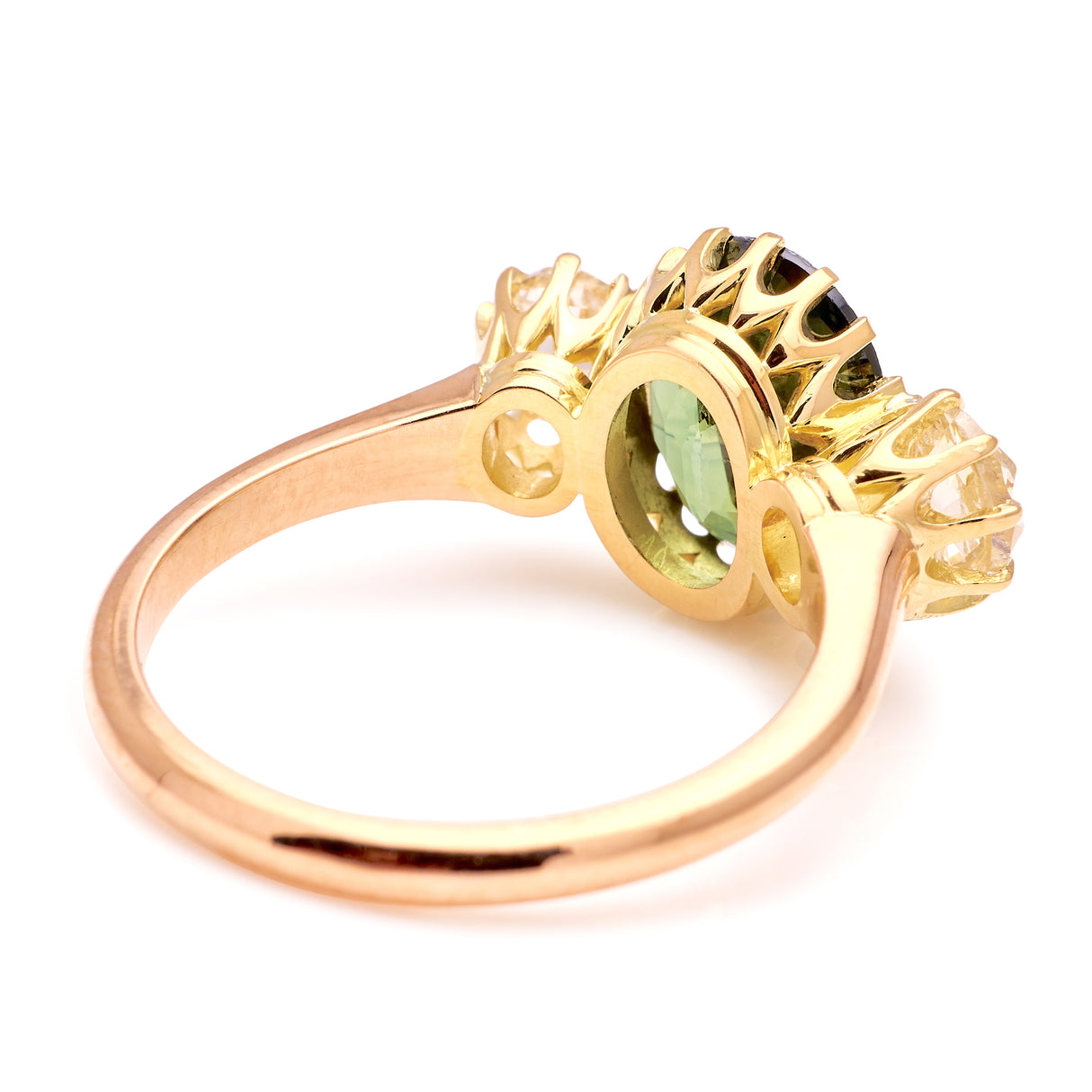 Teal green sapphire & diamond three-stone ring