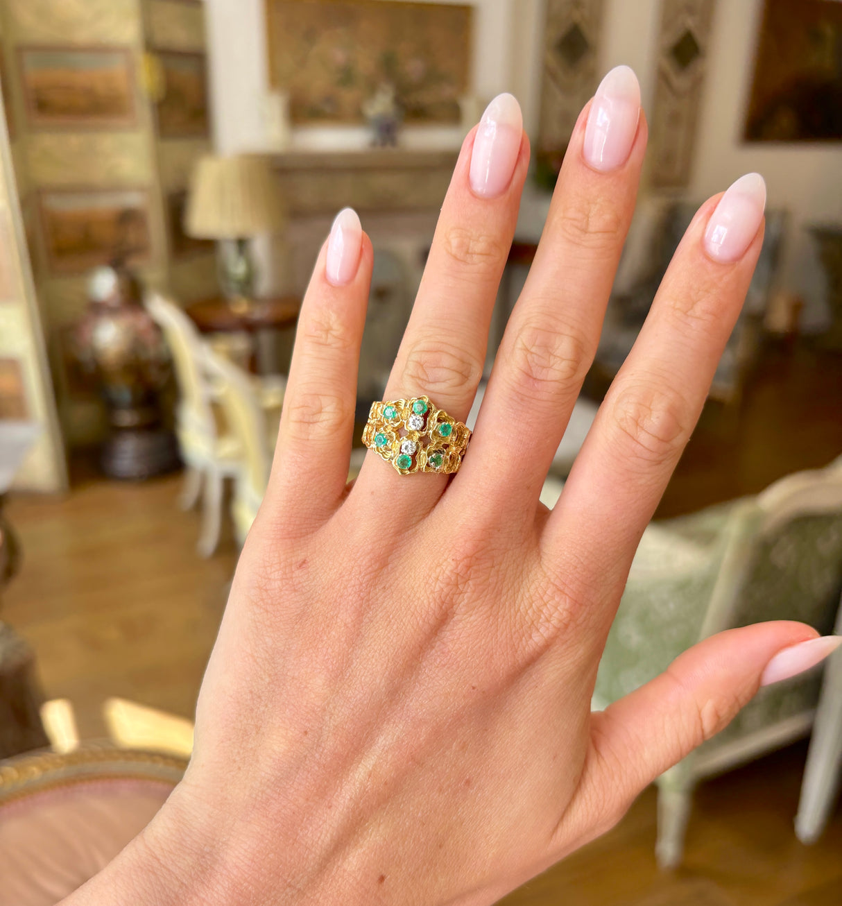 Vintage, textured diamond & emerald ring