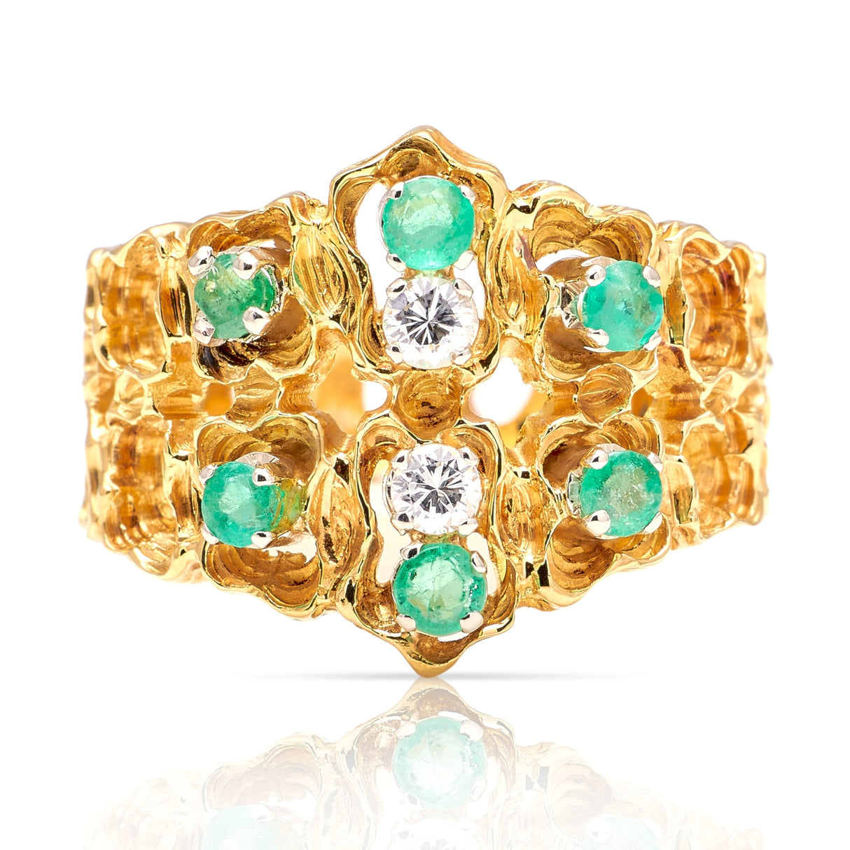 Vintage, textured diamond & emerald ring