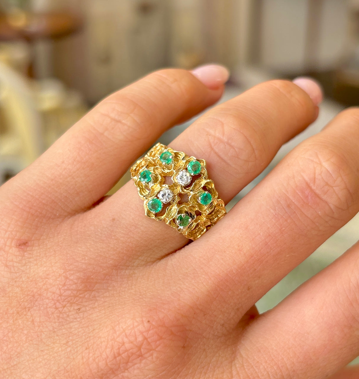 Vintage, textured diamond & emerald ring
