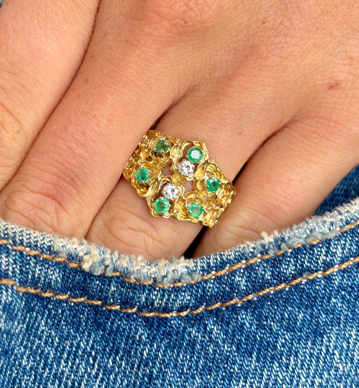 Vintage, textured diamond & emerald ring