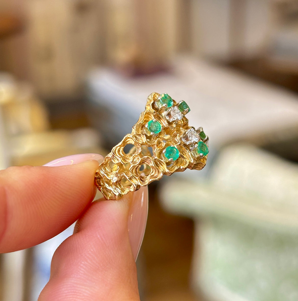 Vintage, textured diamond & emerald ring