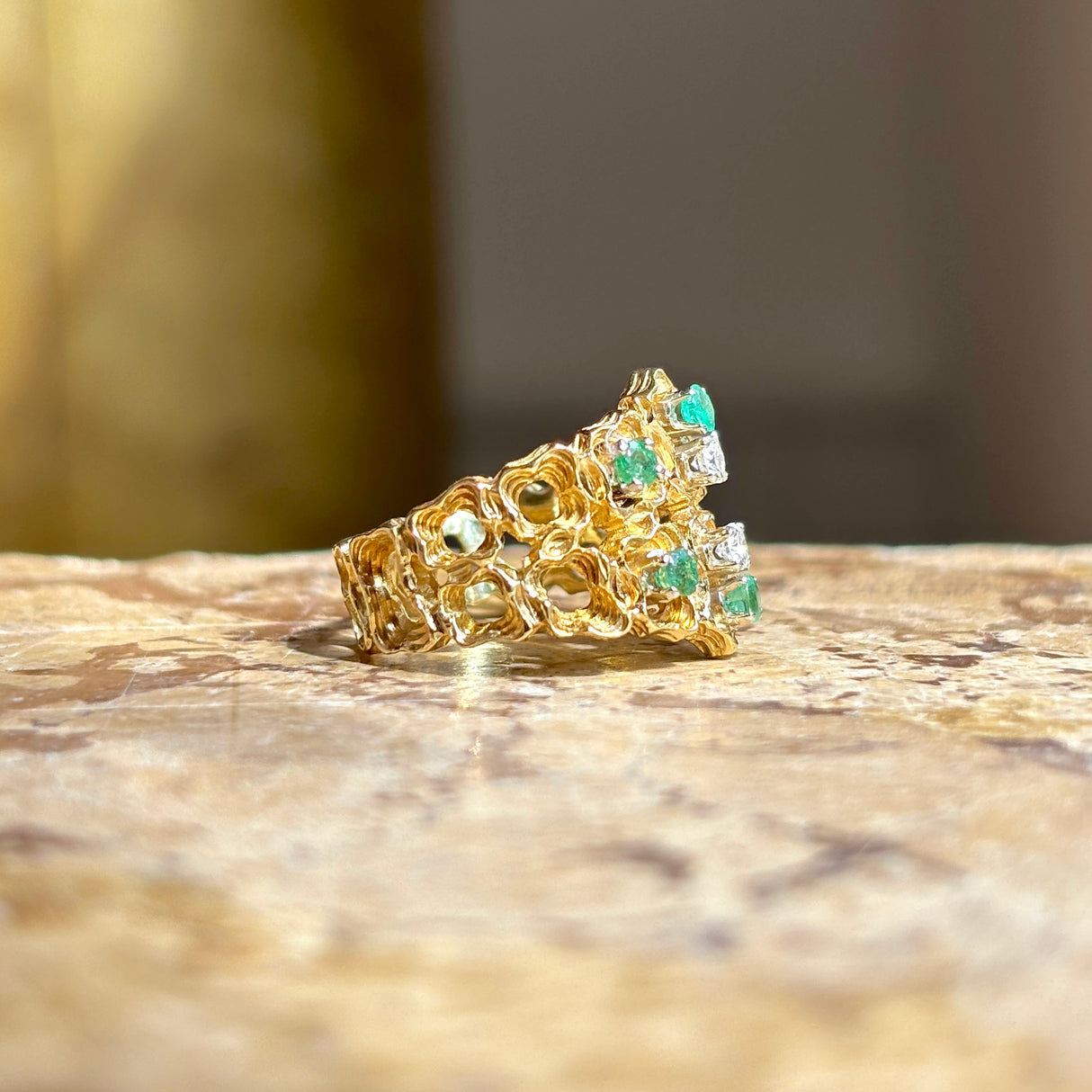 Vintage, textured diamond & emerald ring