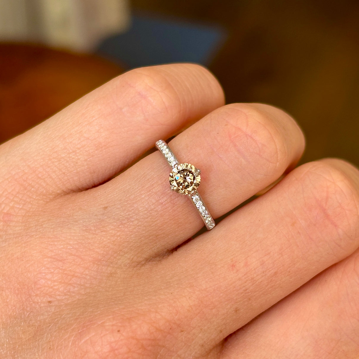 Contemporary, brown diamond solitaire ring