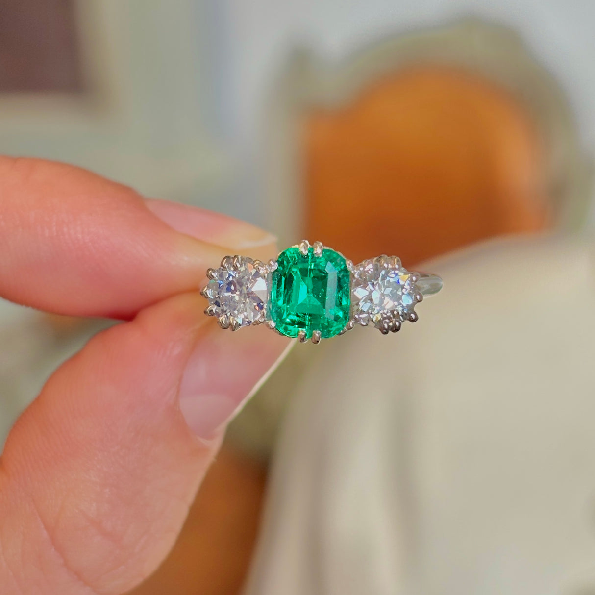 Vintage, Art Deco emerald & diamond three-stone ring