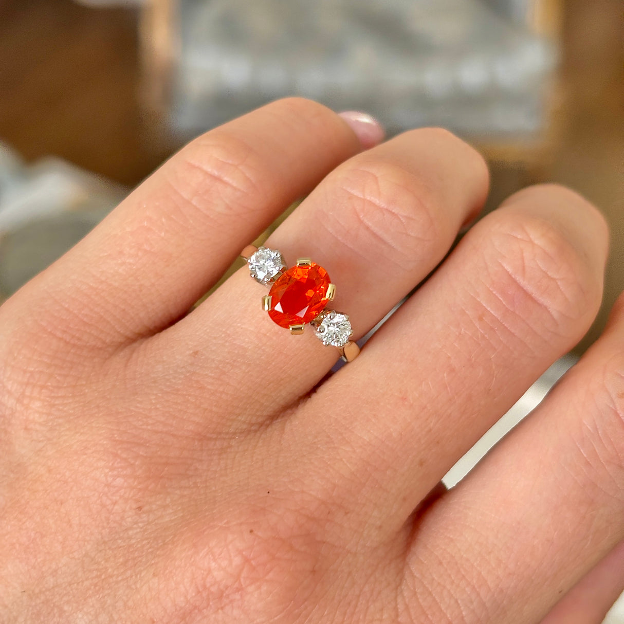 Vintage, 1990s fire opal & diamond three-stone ring