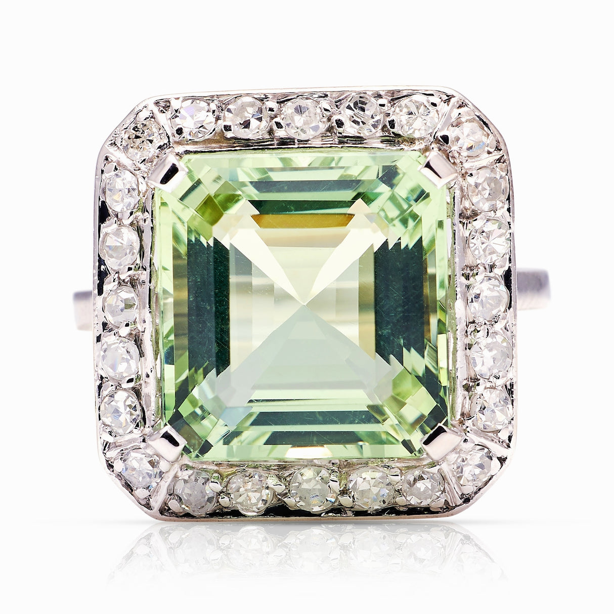 Vintage, Art Deco green beryl and diamond square cluster ring