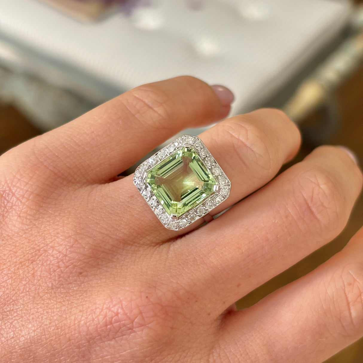 Vintage, Art Deco green beryl and diamond square cluster ring