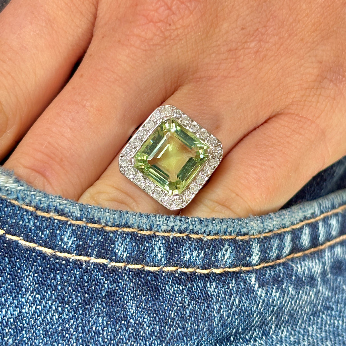 Vintage, Art Deco green beryl and diamond square cluster ring