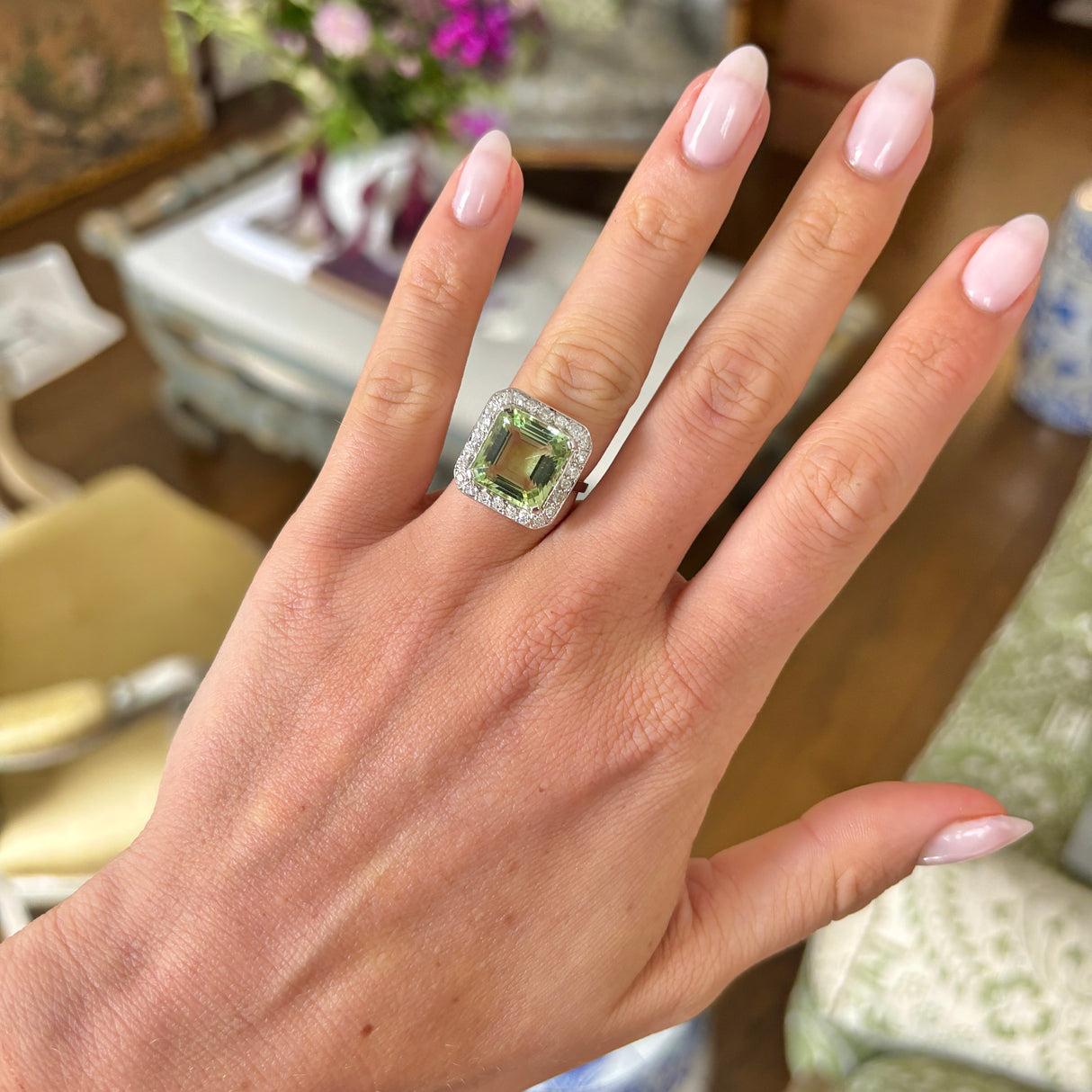 Vintage, Art Deco green beryl and diamond square cluster ring