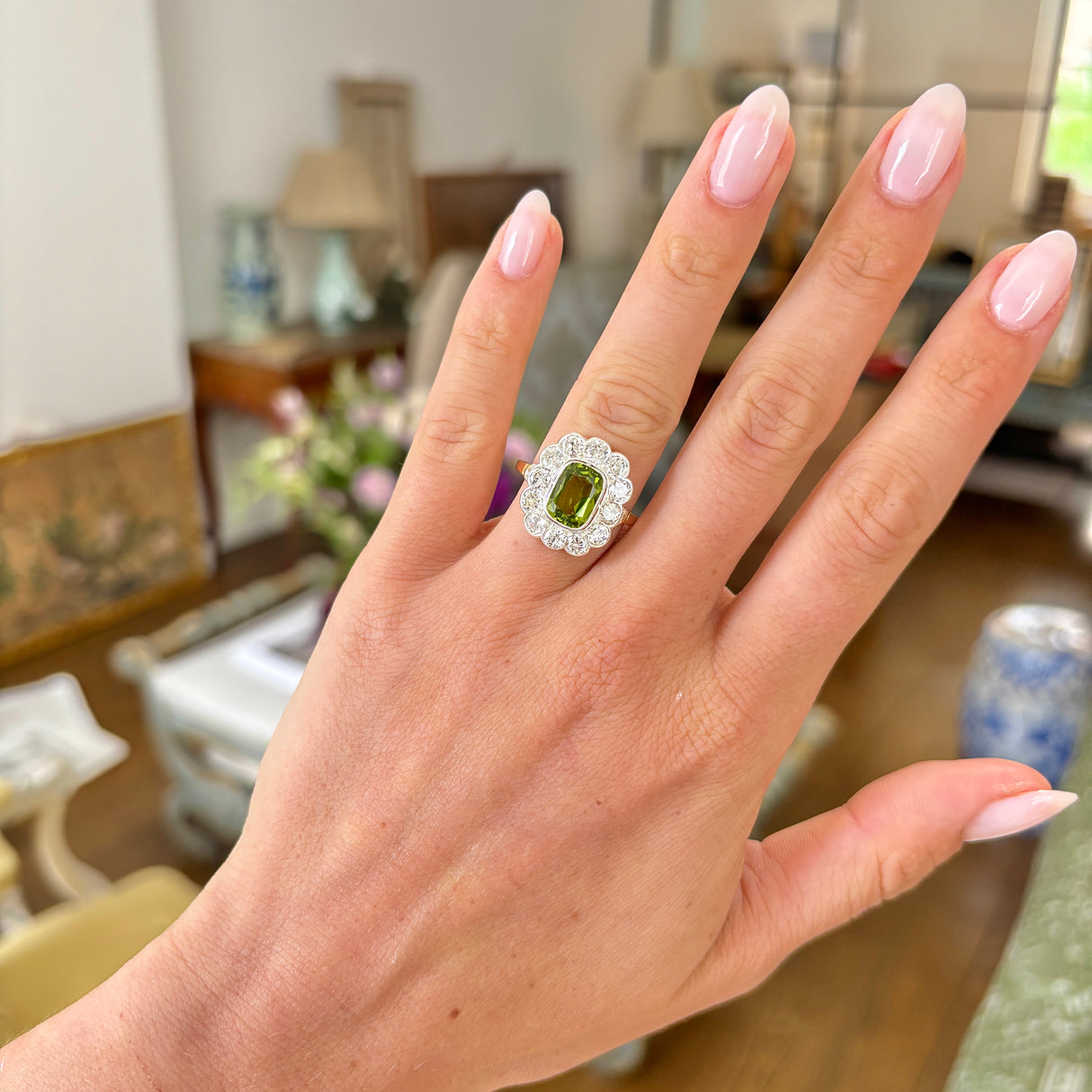 Antique, Victorian peridot & diamond cluster ring