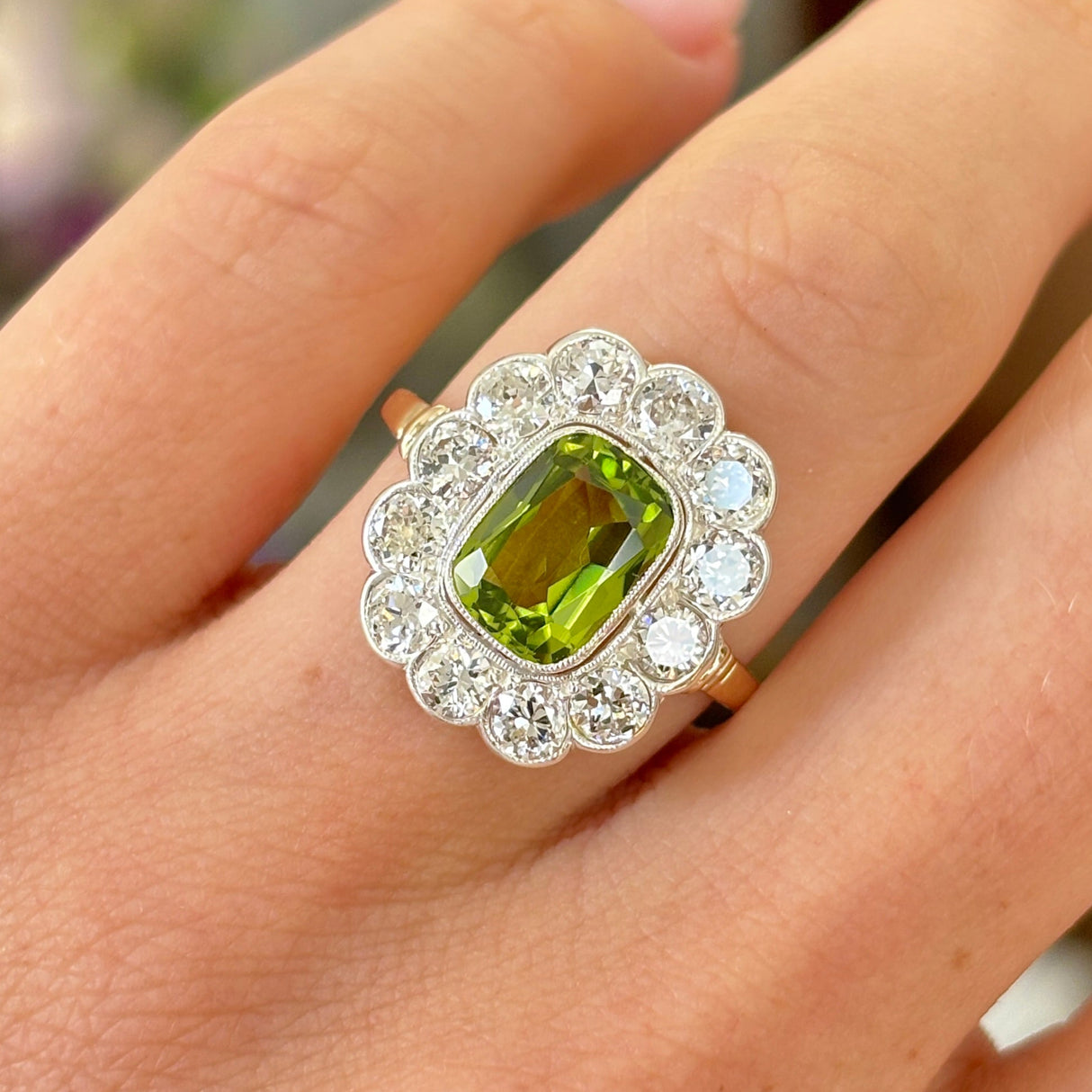 Antique, Victorian peridot & diamond cluster ring