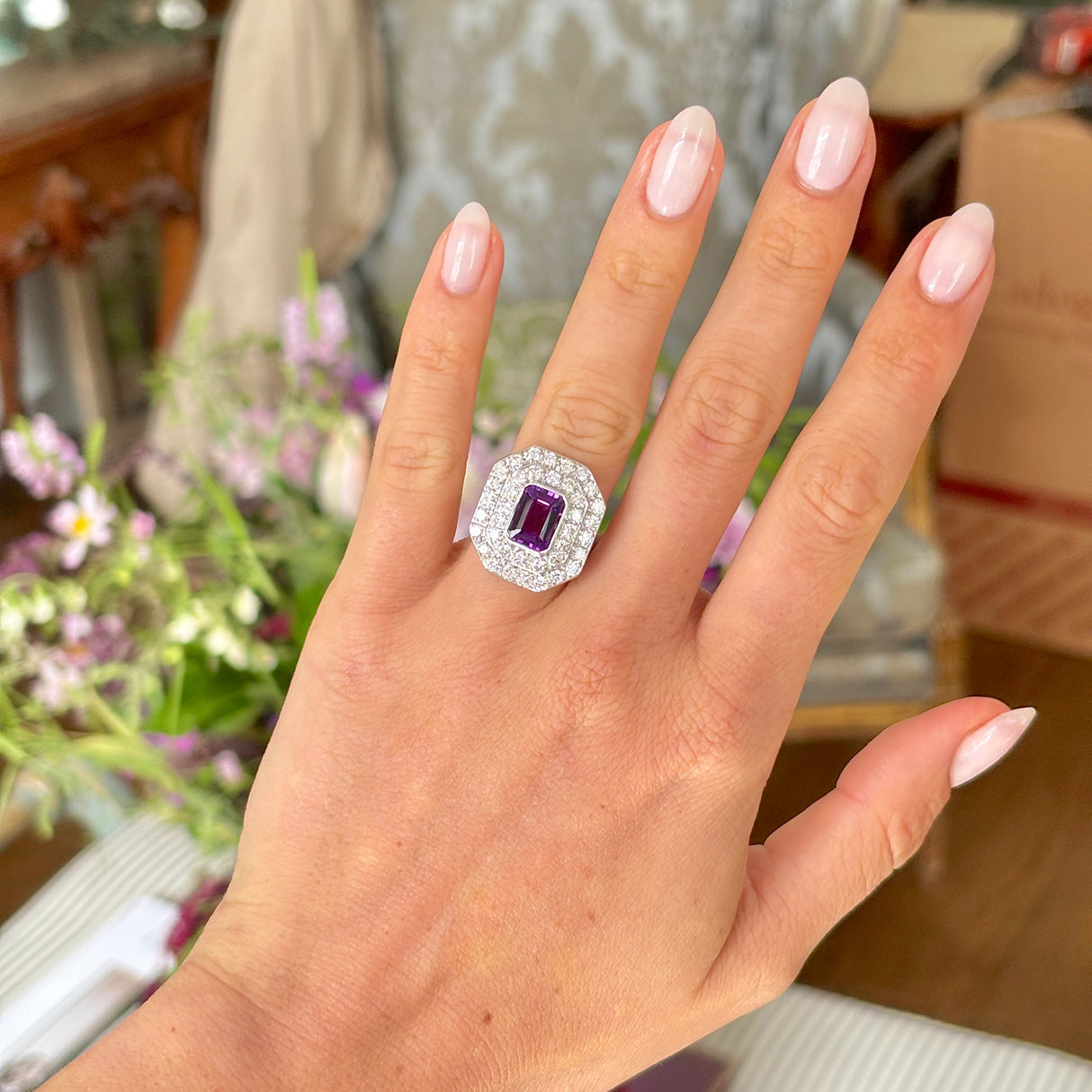 Vintage, Art Deco amethyst & diamond double cluster ring