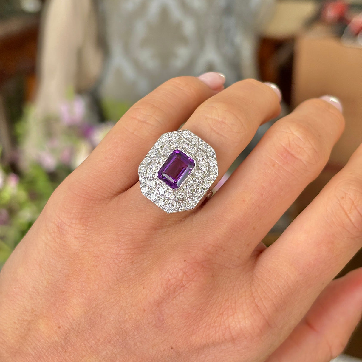Vintage, Art Deco amethyst & diamond double cluster ring
