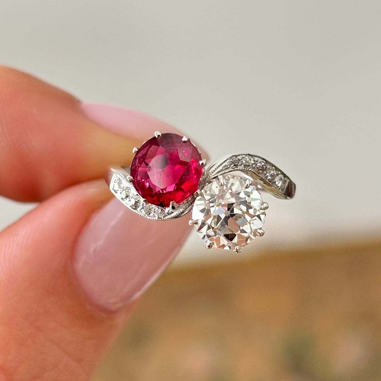 Antique, 1930s ruby & diamond toi et moi ring