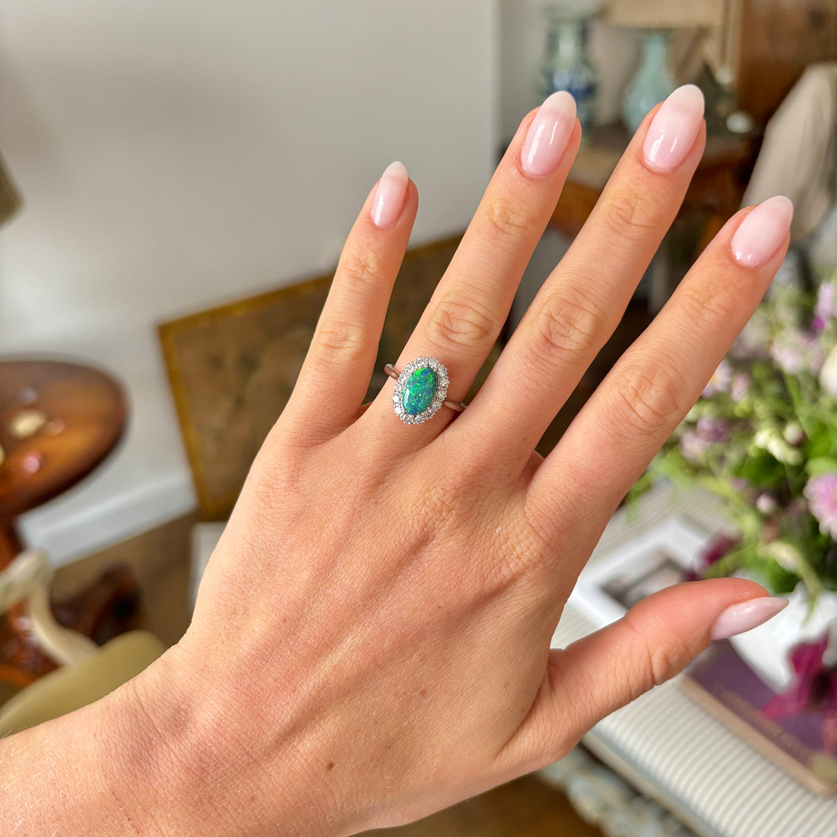 Vintage, 1940s black opal & diamond cluster ring