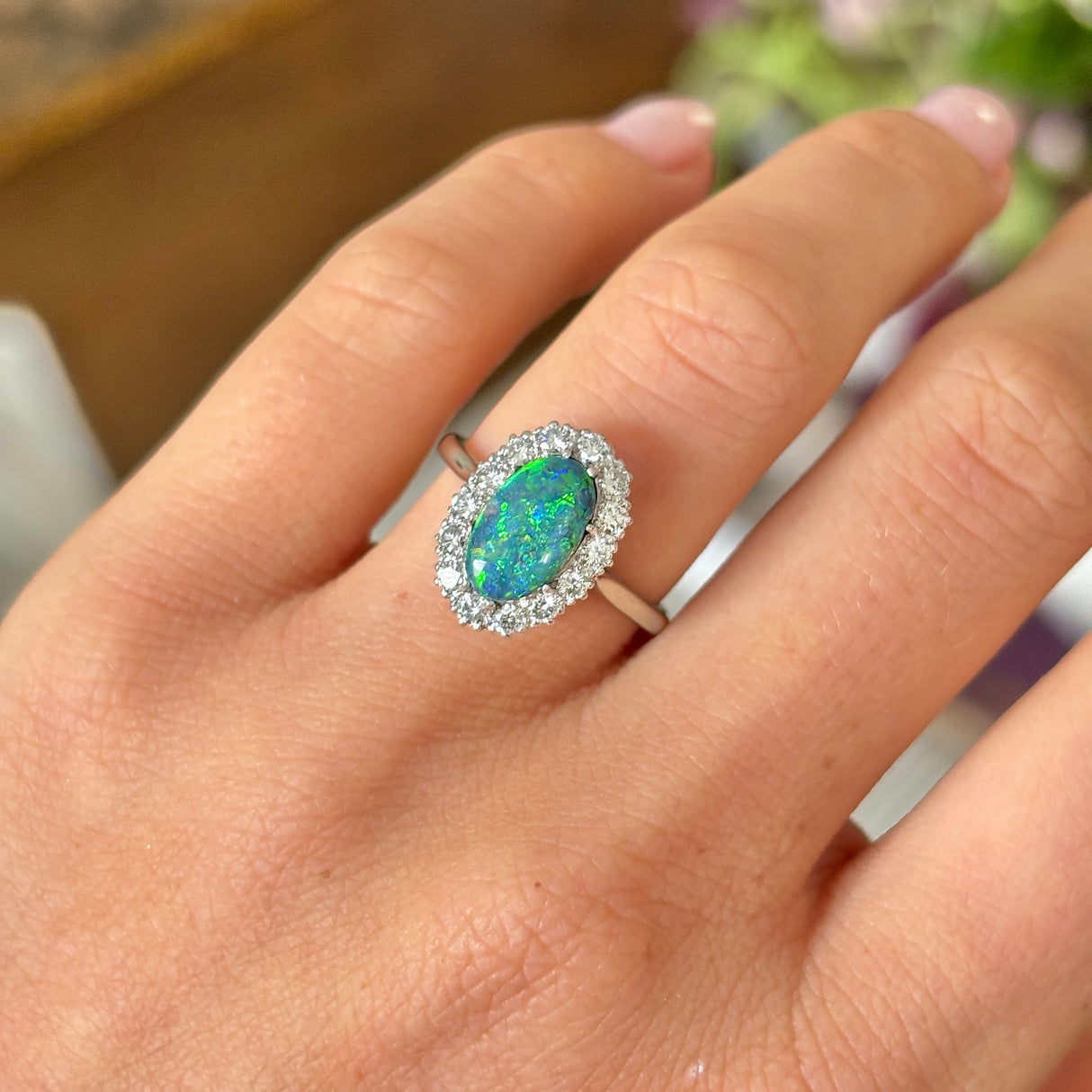 Vintage, 1940s black opal & diamond cluster ring